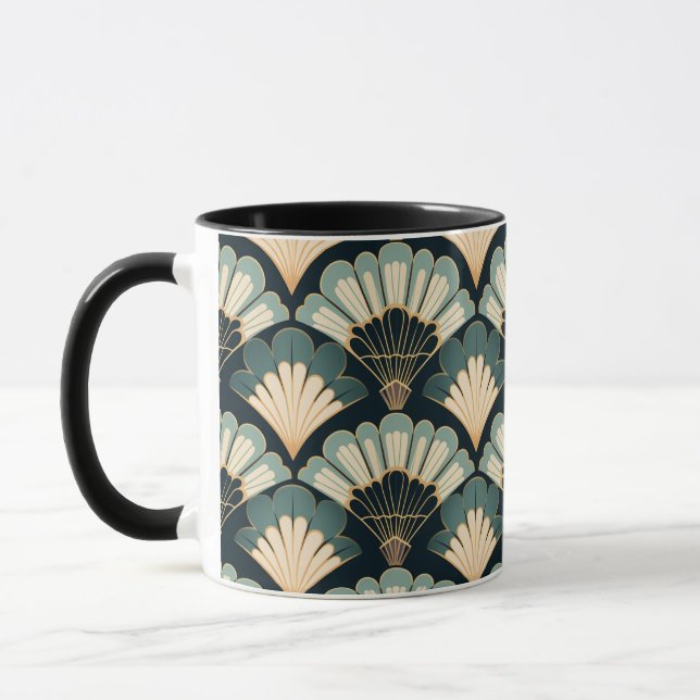 Japanese-inspired Teal & Beige Fan Mug (Left)