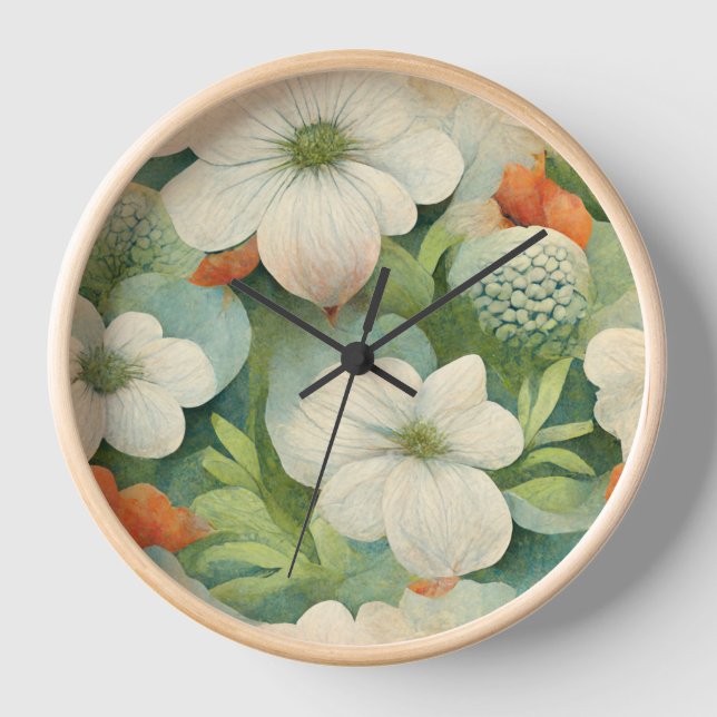 Japanese-inspired white & orange botanical  clock (Front)