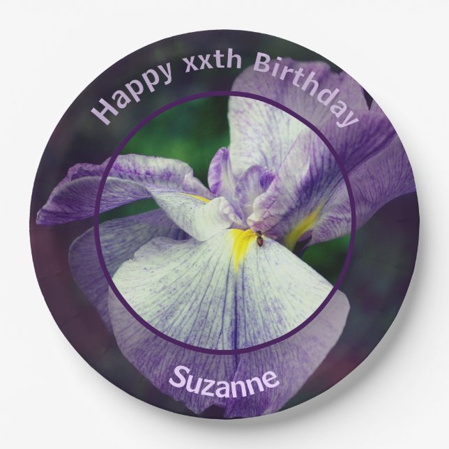 Japanese Iris Flower Personalized Birthday Party Paper Plate (Front)