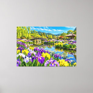 Japanese Iris Garden – Spring Flowers by the Pond Canvas Print