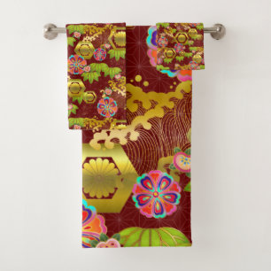 Japanese jurokugiku pattern bath towel set