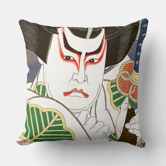 Japanese Kabuki Actor Art by Natori Shunsen 名取春仙 Throw Pillow (Front)