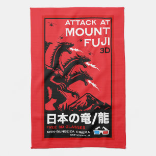 Japanese Kaiju Attack At Mount Fiji Kitchen Towel