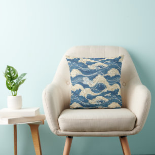 Japanese Kanagawa Wave Pattern Throw Pillow