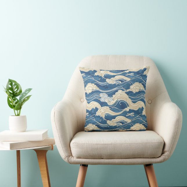 Japanese Kanagawa Wave Pattern Throw Pillow (Chair)