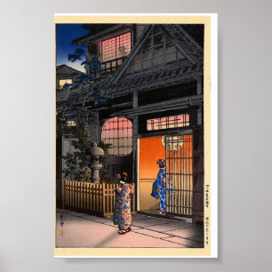 Japanese kasamatsu night village art poster