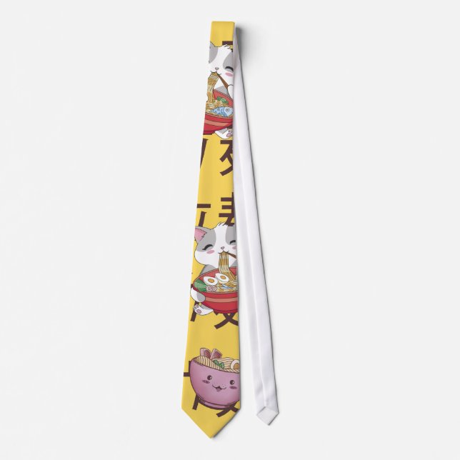 Japanese Kawaii Anime Cat Ramen Noodles Tie (Front)