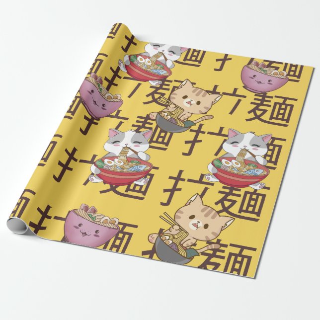 Japanese Kawaii Anime Cat Ramen Noodles Wrapping Paper (Unrolled)