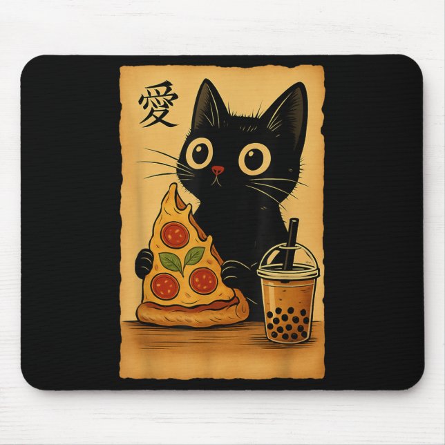 Japanese Kawaii Anime Cat Zza A Tea Cat Eating Zza Mouse Pad (Front)