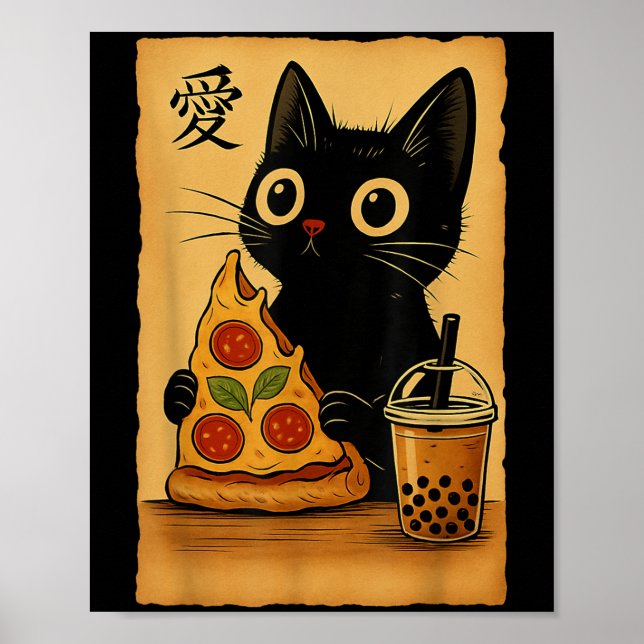 Japanese Kawaii Anime Cat Zza A Tea Cat Eating Zza Poster (Front)