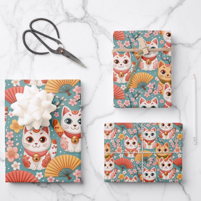 Japanese Kawaii Cats with Cherry Blossoms Birthday Wrapping Paper Sheet (Front)
