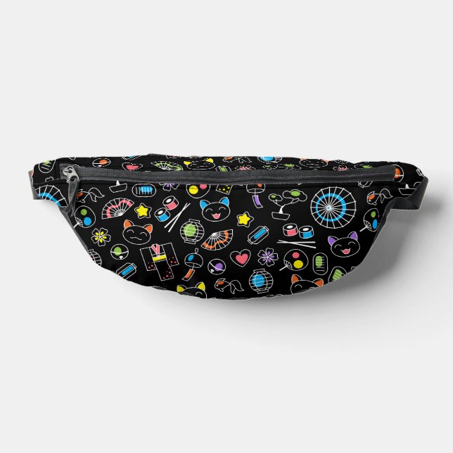 Japanese Kawaii Culture Doodles on Black Fanny Pack (Lay Down)