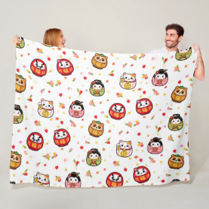 Japanese Kawaii Daruma Kokeshi dolls Fleece Blanket