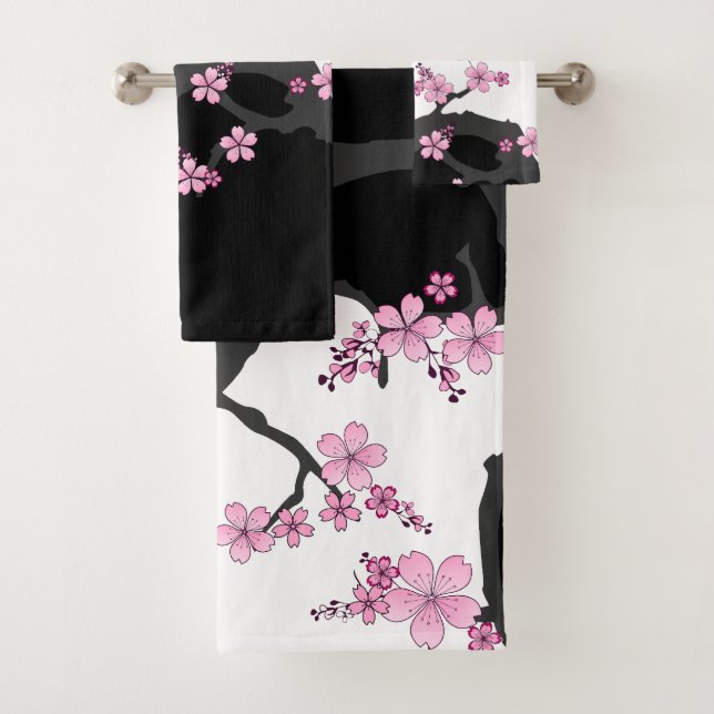 Japanese Kimono Black and White Pink Sakura Bath Towel Set (Insitu)