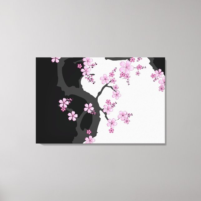 Japanese Kimono Black and White Pink Sakura Canvas Print (Front)
