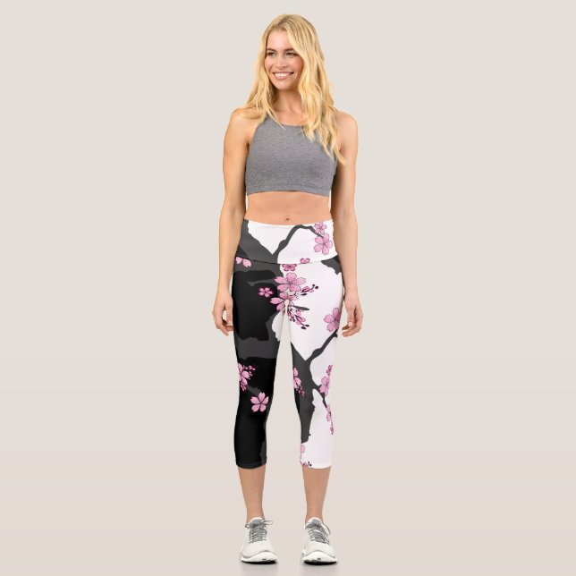Japanese Kimono Black and White Pink Sakura Capri Leggings (Front)