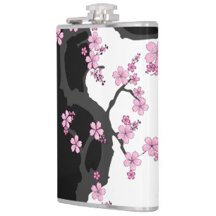 Japanese Kimono Black and White Pink Sakura Hip Flask