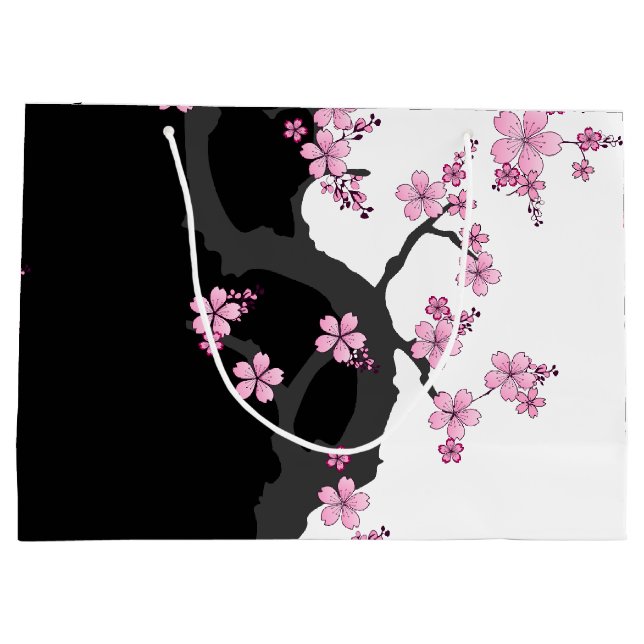 Japanese Kimono Black and White Pink Sakura Large Gift Bag (Back)