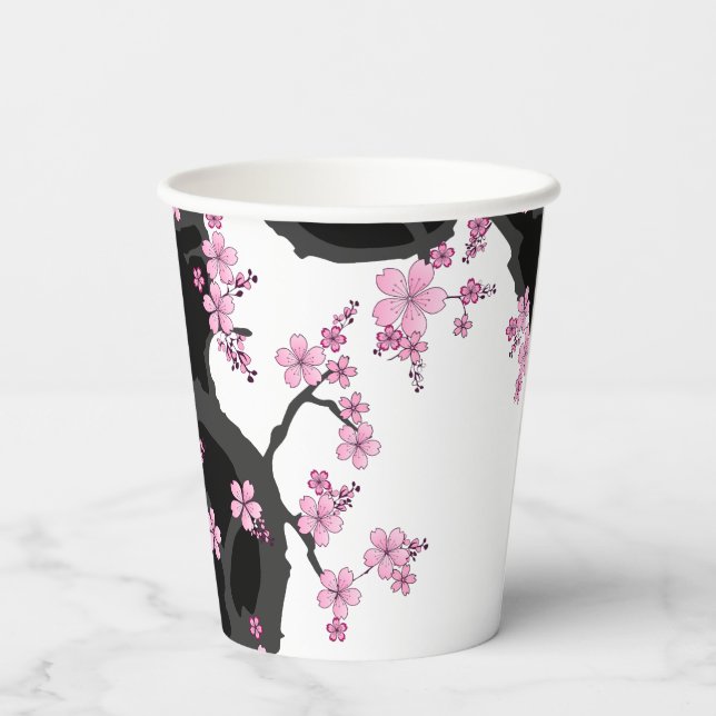 Japanese Kimono Black and White Pink Sakura Paper Cups (Back)