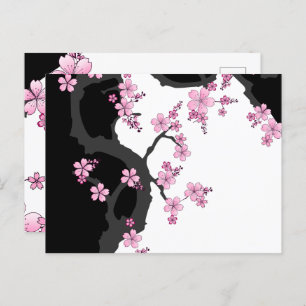 Japanese Kimono Black and White Pink Sakura Postcard