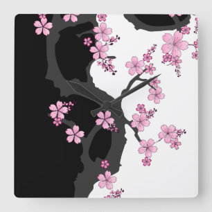 Japanese Kimono Black and White Pink Sakura Square Wall Clock
