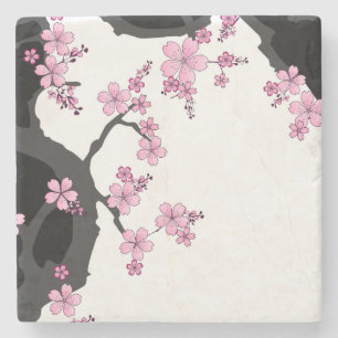 Japanese Kimono Black and White Pink Sakura Stone Coaster