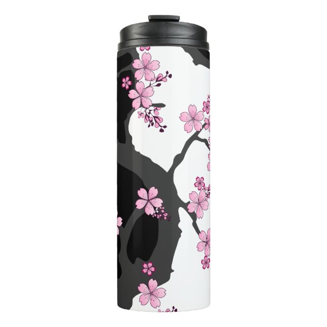 Japanese Kimono Black and White Pink Sakura Thermal Tumbler (Front)