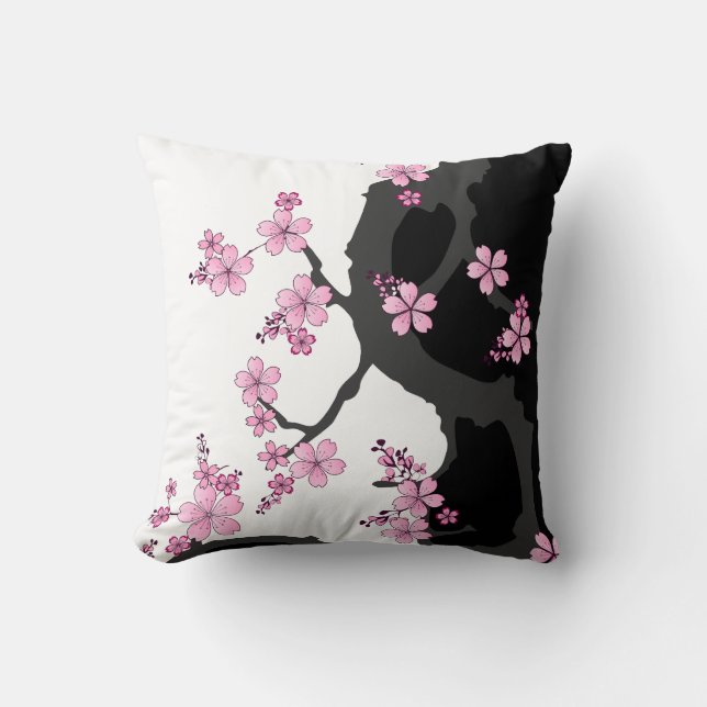 Japanese Kimono Black and White Pink Sakura Throw Pillow (Front)