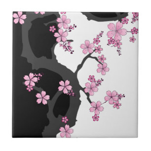 Japanese Kimono Black and White Pink Sakura Tile