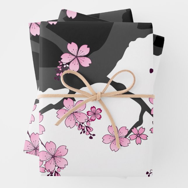 Japanese Kimono Black and White Pink Sakura Wrapping Paper Sheet (In situ)