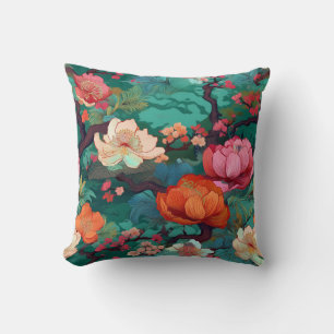 Japanese Kimono Fabric Sakura and peony Throw Pillow