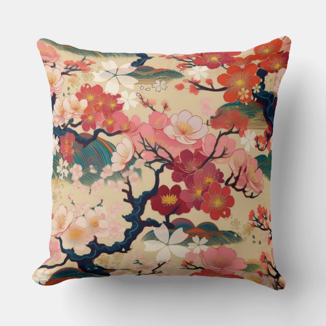 Japanese Kimono inspired fabric pattern Throw Pillow (Front)