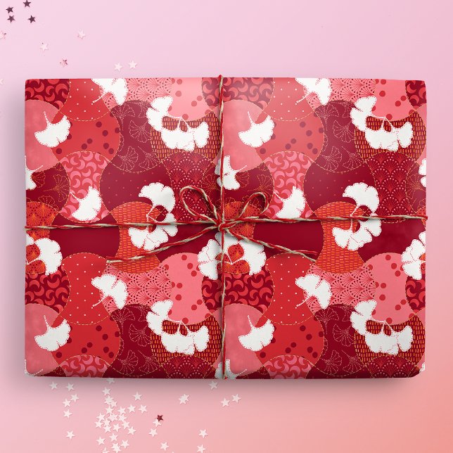 Japanese Kimono Pattern Red Ginkgo Patchwork Wrapping Paper (Ginkgo Patchwork Gift Mockup)