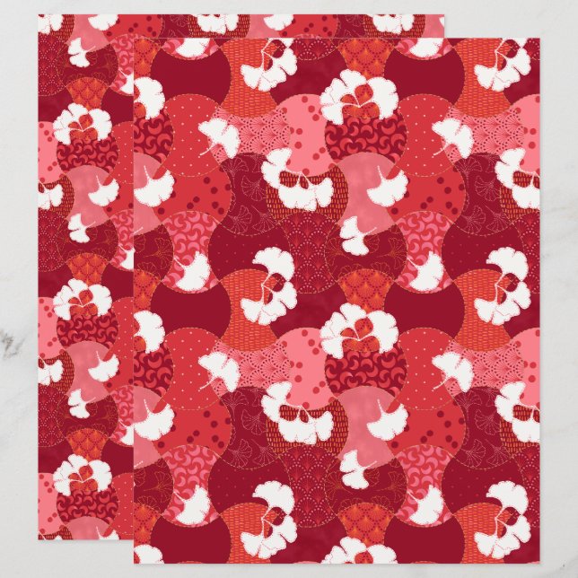 Japanese Kimono Pattern Red Ginkgo Scrapbook Paper (Front/Back)