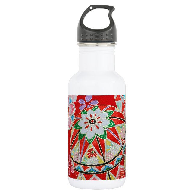 Japanese KIMONO Textile, Floral Pattern 532 Ml Water Bottle (Front)
