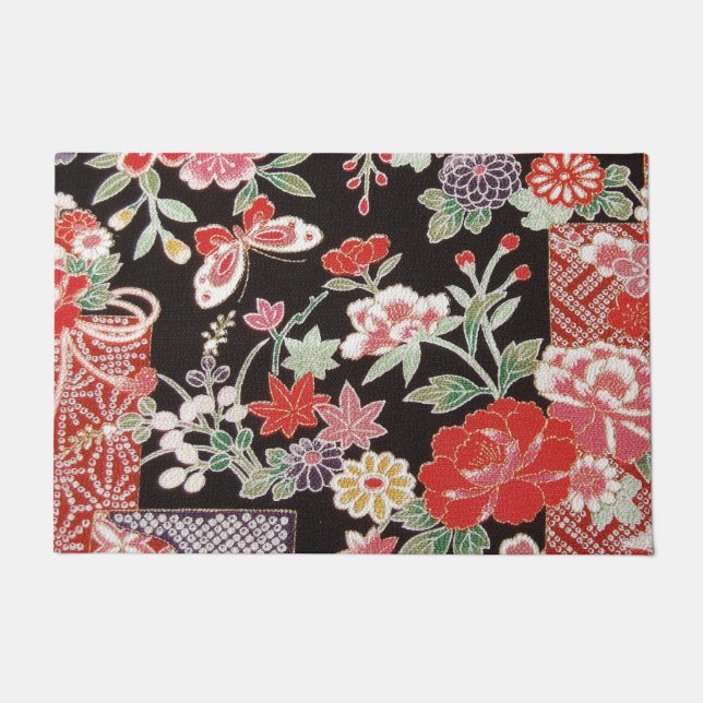Japanese KIMONO Textile, Floral Pattern Doormat (Front)