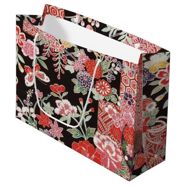 Japanese KIMONO Textile, Floral Pattern Large Gift Bag (Front Angled)