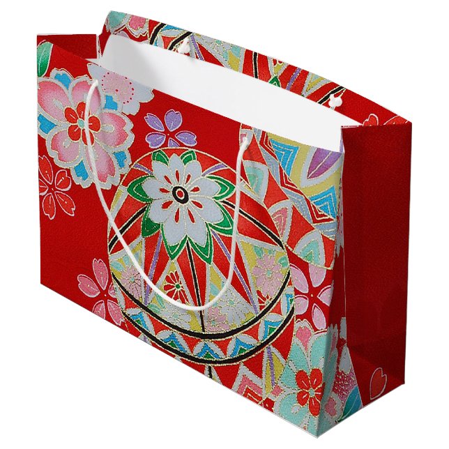Japanese KIMONO Textile, Floral Pattern Large Gift Bag (Back Angled)