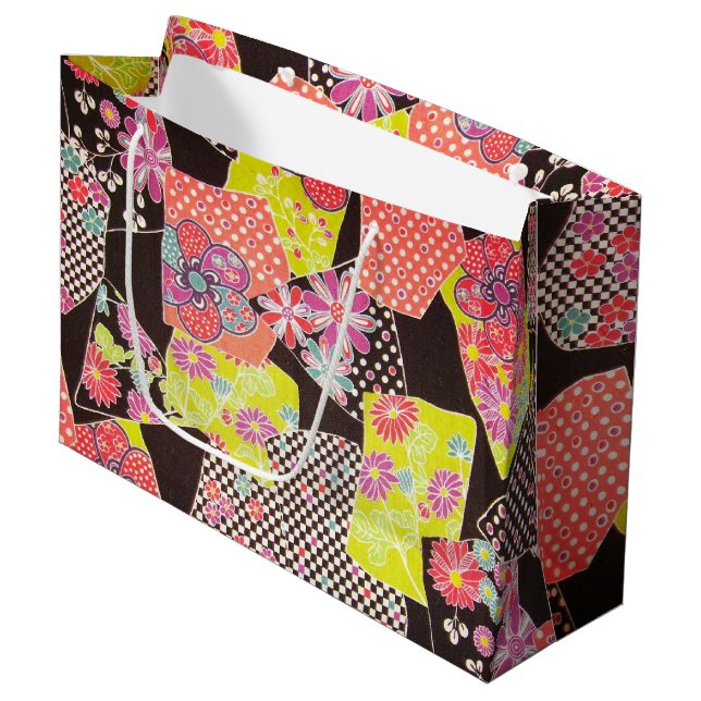 Japanese KIMONO Textile, Floral Pattern Large Gift Bag (Front Angled)