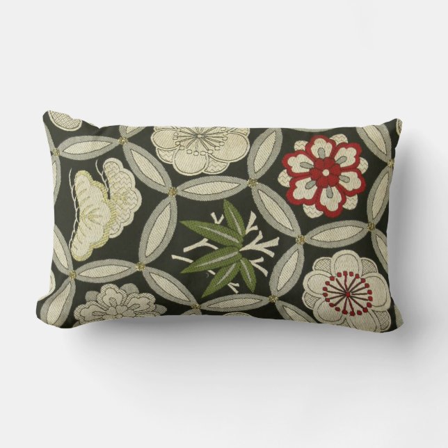 Japanese KIMONO Textile, Floral Pattern Lumbar Pillow (Front)