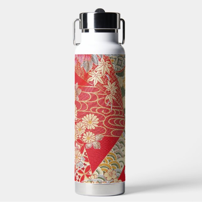 Japanese KIMONO Textile, Floral Pattern Water Bottle (Front)