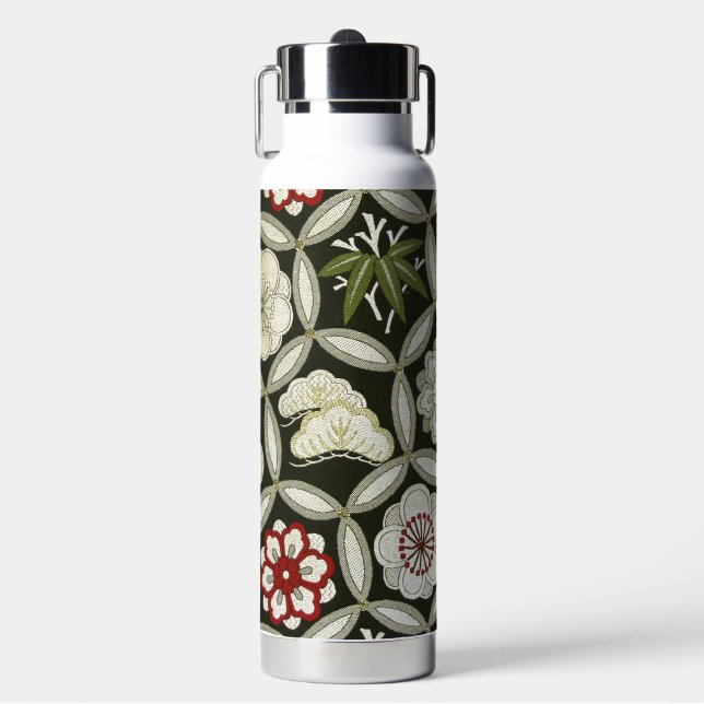 Japanese KIMONO Textile, Floral Pattern Water Bottle (Front)