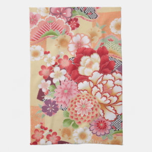 Japanese KIMONO Textile, Flower Kitchen Towel