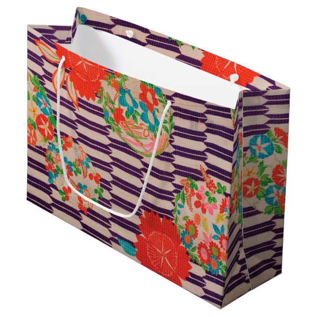 Japanese KIMONO Textile, Flower Large Gift Bag (Front Angled)