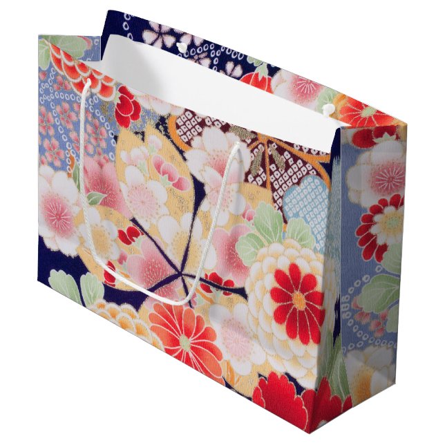 Japanese KIMONO Textile, Flower Large Gift Bag (Front Angled)