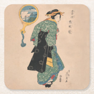 Japanese Kimono Woman Courtesan Artwork Square Paper Coaster