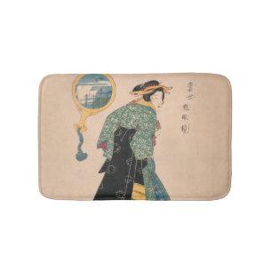 Japanese Kimono Woman: Ukiyo-e Woodblock Print  Bath Mat