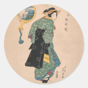 Japanese Kimono Woman: Ukiyo-e Woodblock Print  Classic Round Sticker