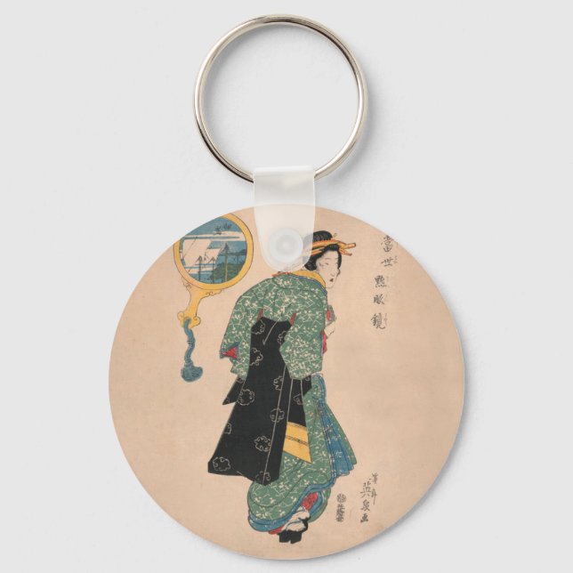 Japanese Kimono Woman: Ukiyo-e Woodblock Print  Keychain (Front)