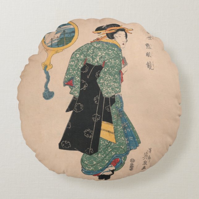 Japanese Kimono Woman: Ukiyo-e Woodblock Print  Round Pillow (Front)
